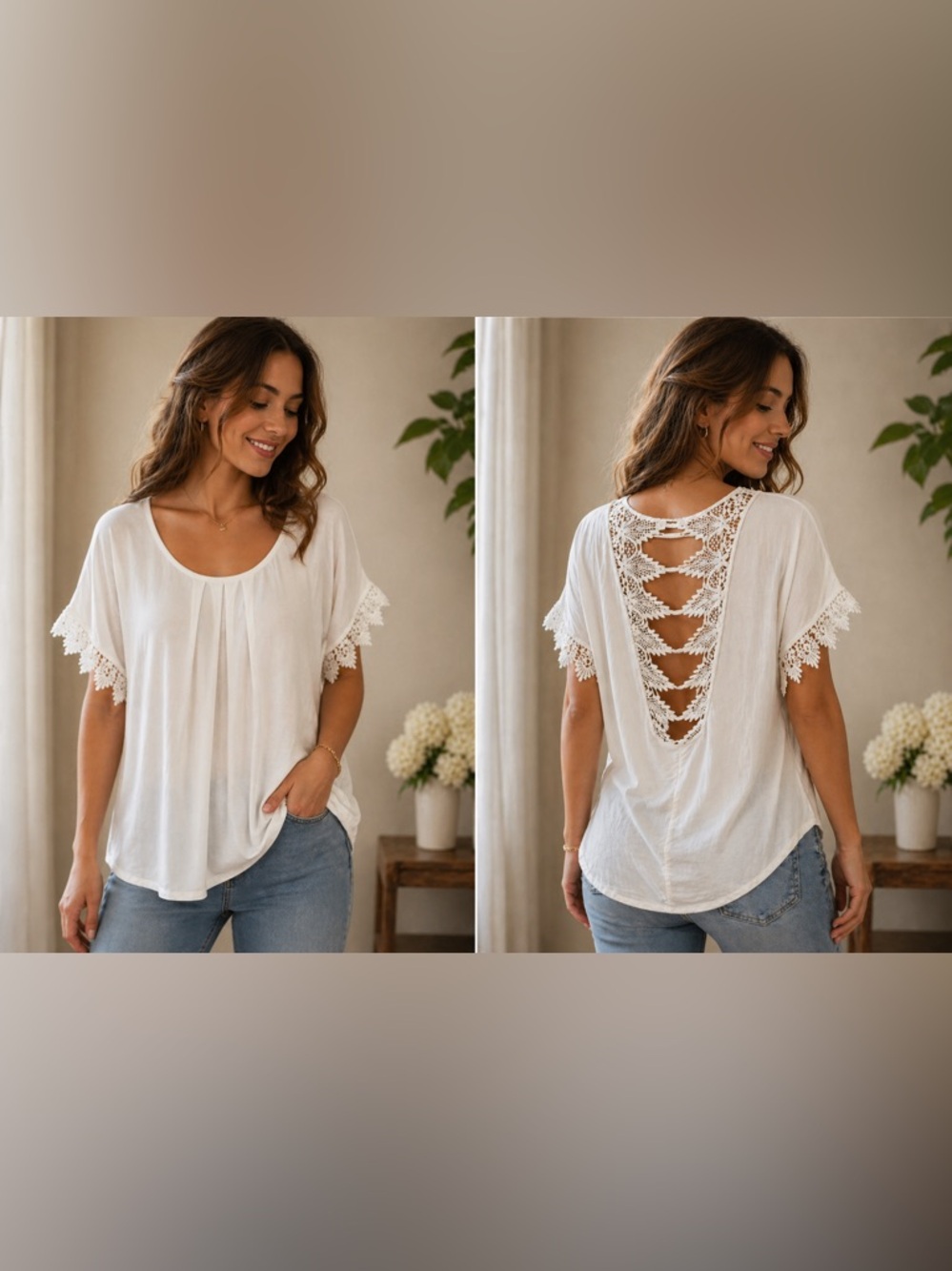 Molly Bracken Oversized Boho Lace Back Blouse | White Viscose